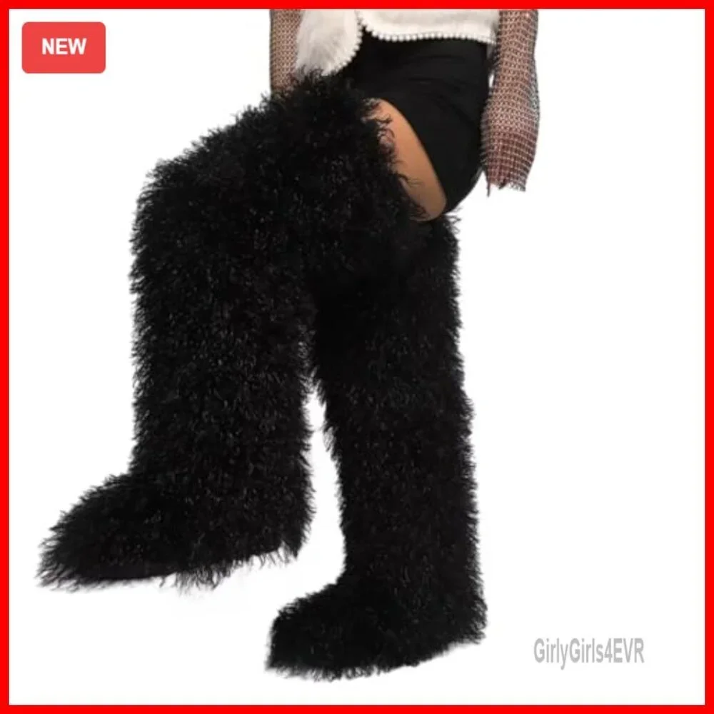 29-Inch Over-the-Knee Faux Fur Boots Flat Sole Winter Women's Shoes